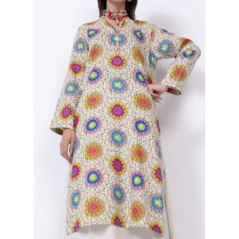 Khaadi‎ Women's Printed Floral Cotton Dobby Kurta w/ Black Pants - Size 10